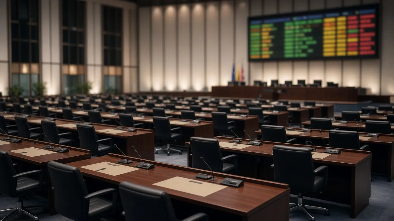 Empty delegate desks in a general assembly hall before a vote.