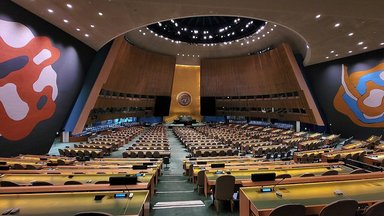 The United Nations General Assembly hall in New York.