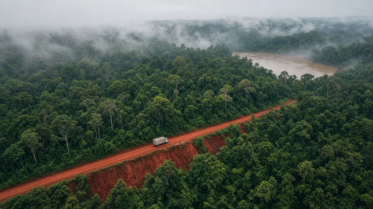 A truck travels a red-dirt road through Guiana Shield rainforest.