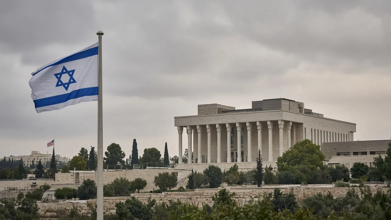 The Israeli flag flying in front of the Knesset, the columned parliament building in Jerusalem.