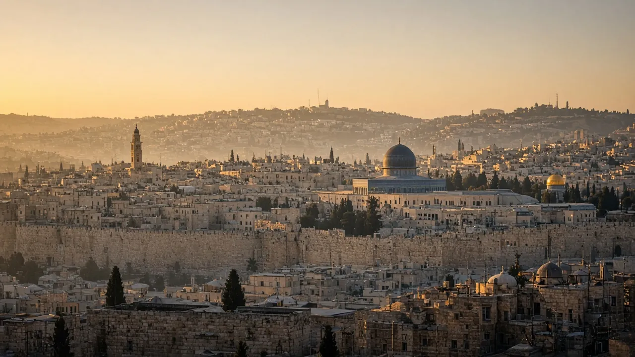 Jerusalem's Old City skyline at sunset.