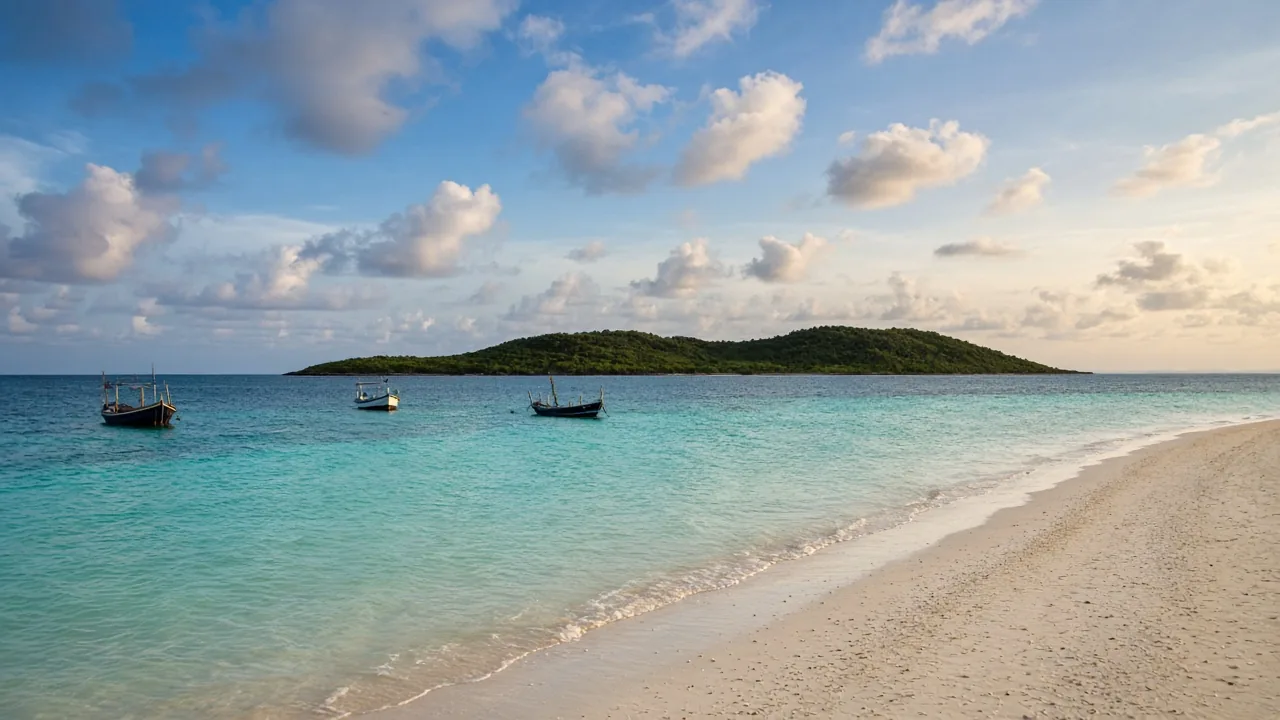 A Caribbean shoreline with turquoise water, fishing boats and a green island.