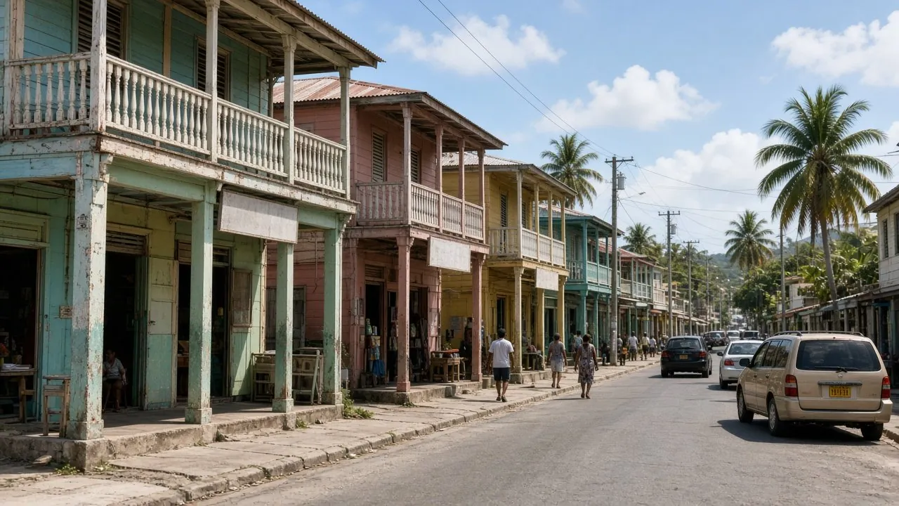 A colourful wooden street of shops and houses in a Jamaican town.
