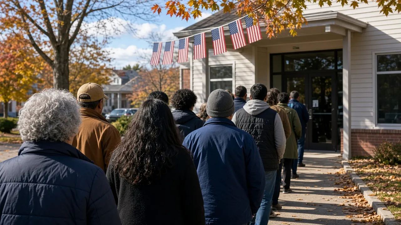 Voters queue outside a polling station on an autumn morning.