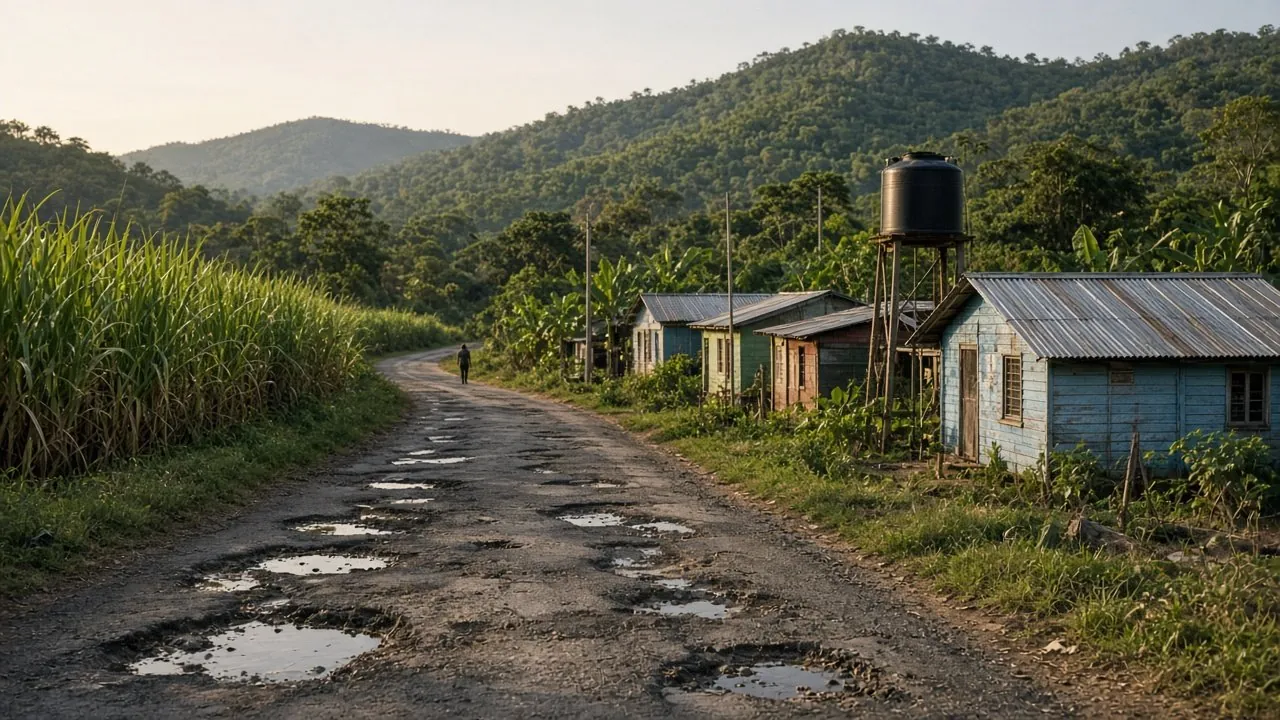 A potholed rural road beside small houses and a water tank.