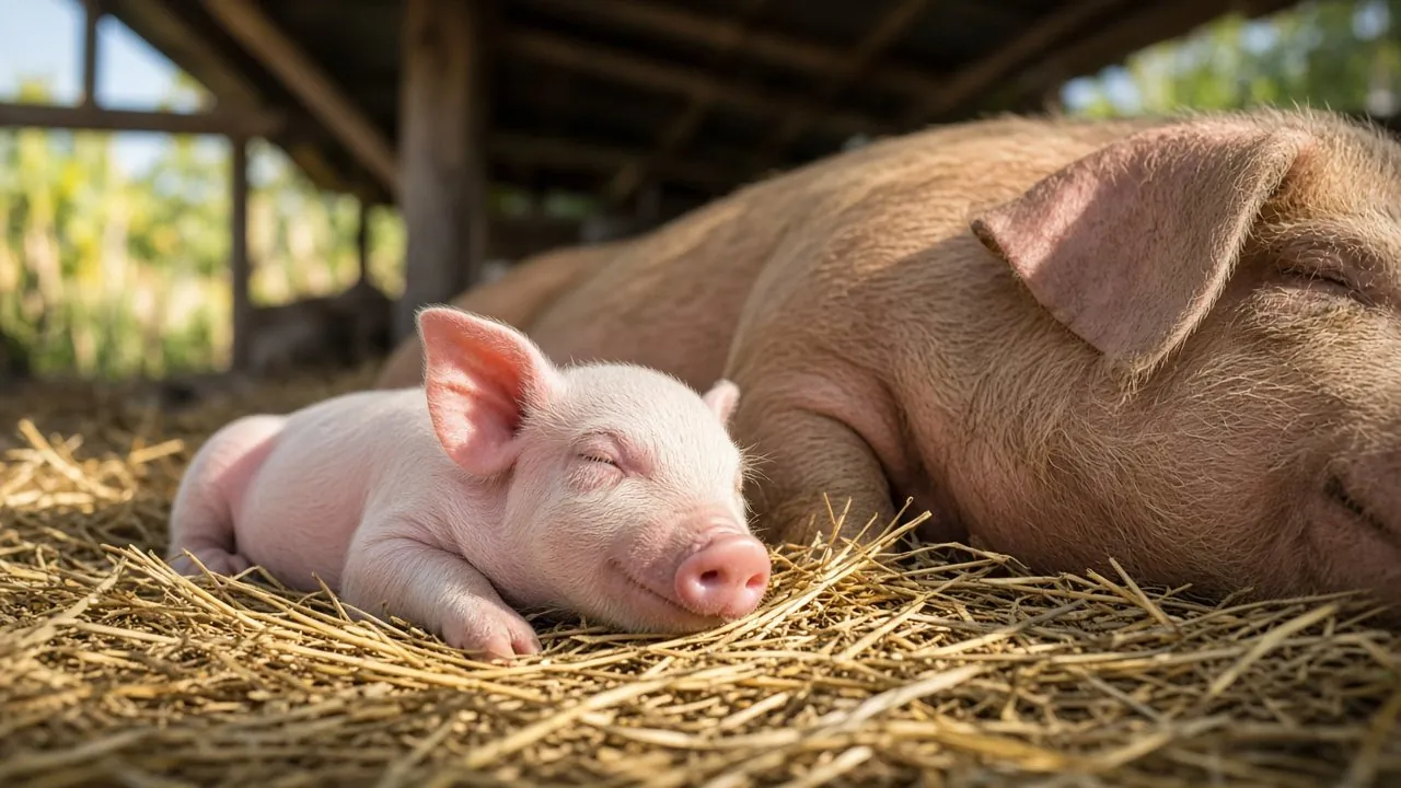 A piglet resting in straw beside a sleeping sow.