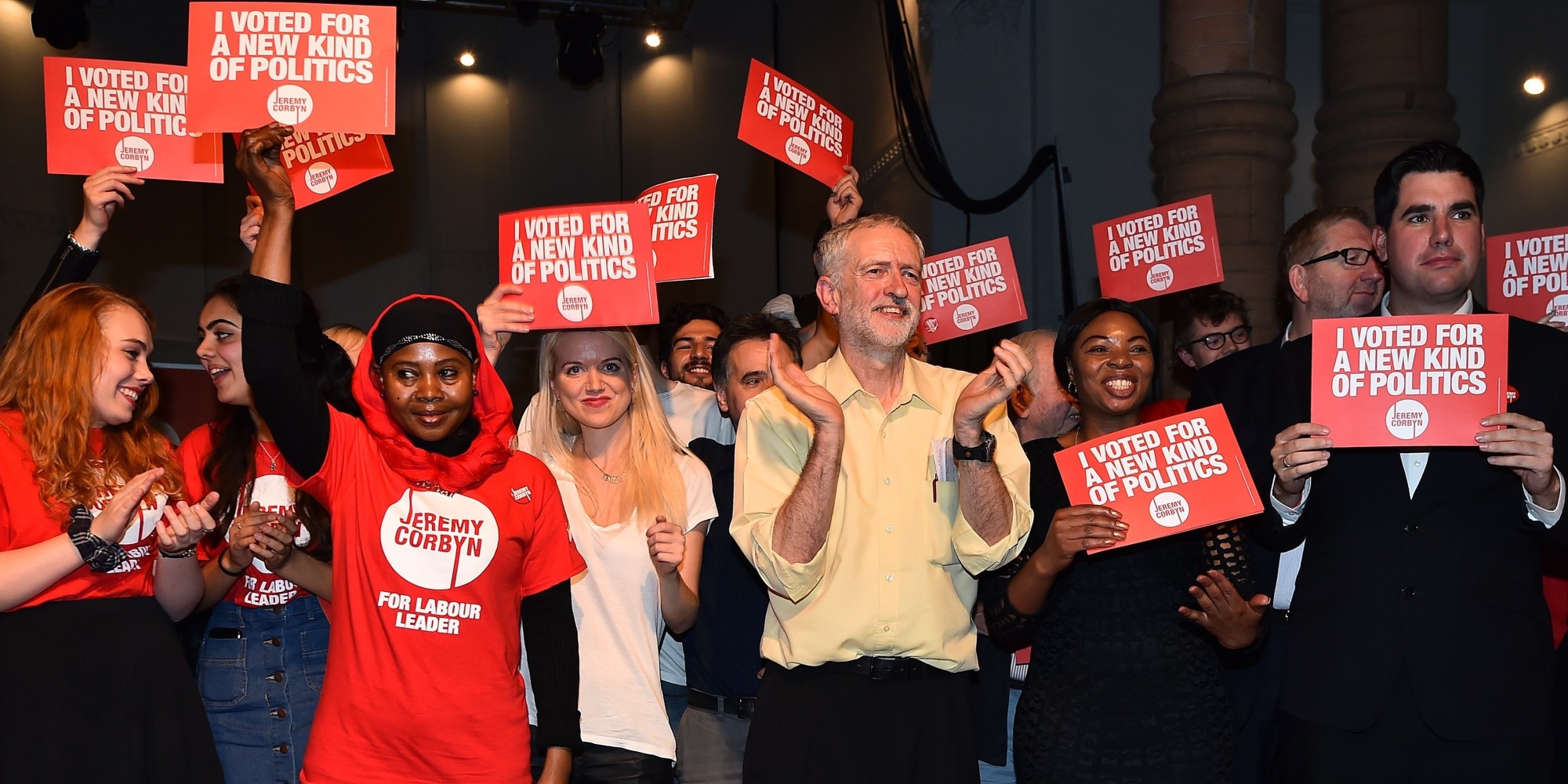 British Labour Party Leadership contender Jeremy Corbyn (C) poses for pictures with supporters after addressing a rally at the Rock Tower in north London on September 10, 2015. Voting closed in the leadership contest for Britain's main opposition Labour party on Thursday after a campaign dominated by the shock popularity of radical left candidate Jeremy Corbyn, who looks set to win. AFP PHOTO / BEN STANSALL        (Photo credit should read BEN STANSALL/AFP/Getty Images)