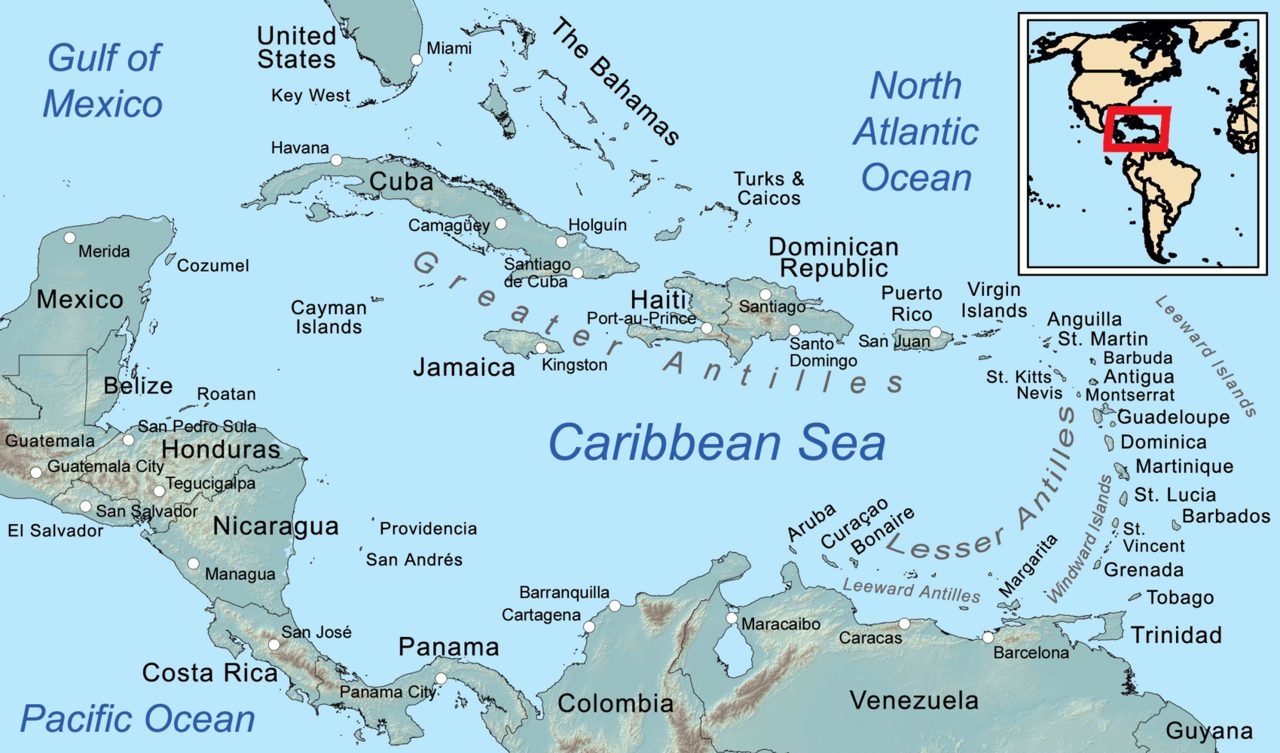 A map of the Caribbean Sea and its islands.