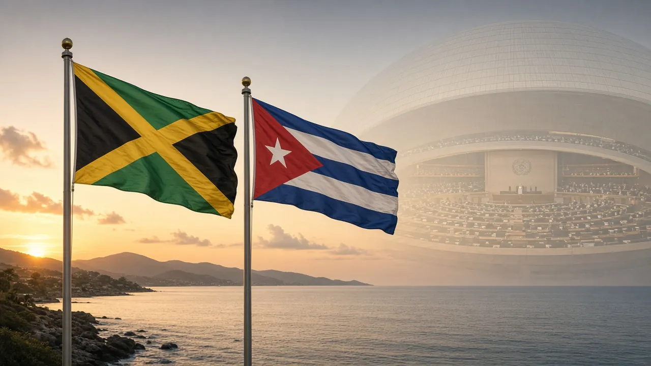 The flags of Jamaica and Cuba flying side by side above the sea.