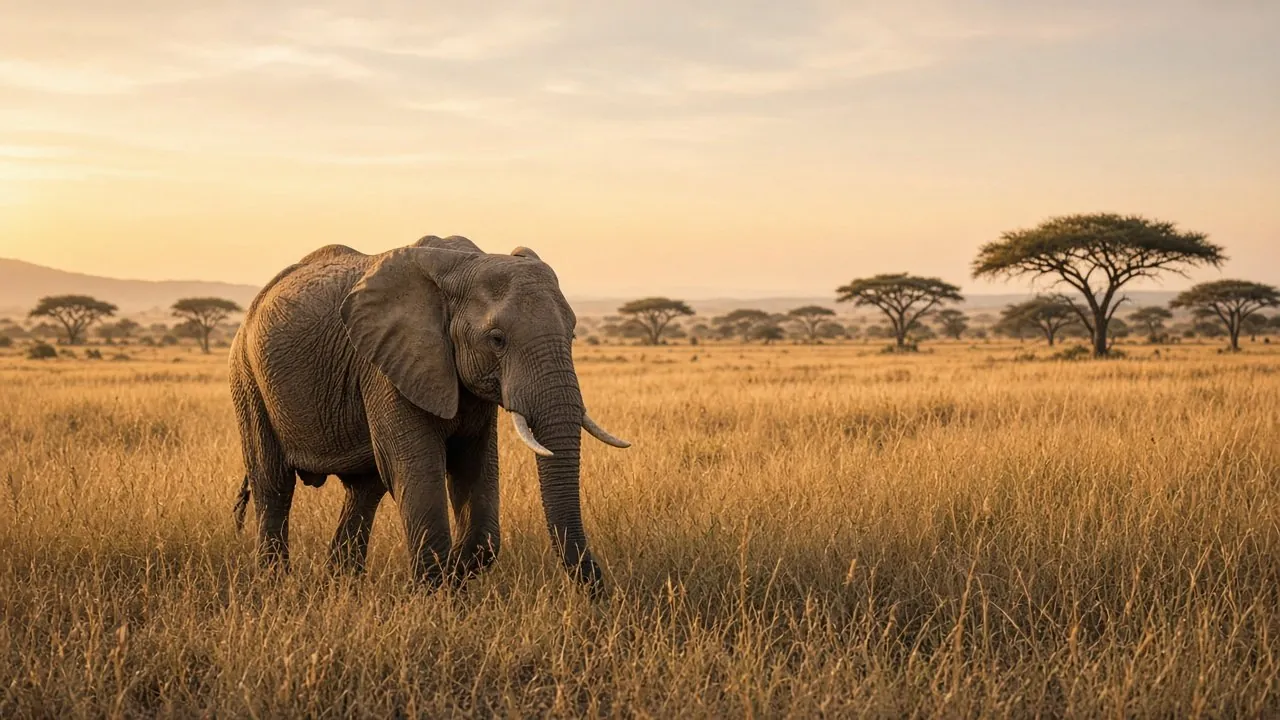 An elephant walking through dry grass at sunset.