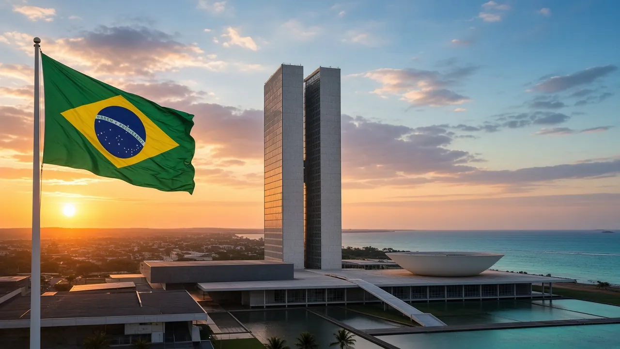 The Brazilian flag at sunrise in front of the National Congress twin towers in Brasília.