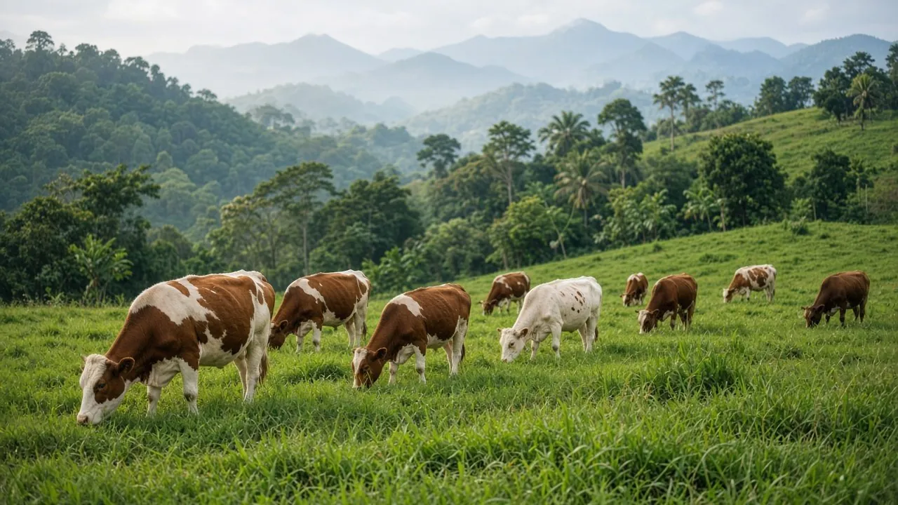 Cattle grazing on a green hillside with forested mountains behind them.