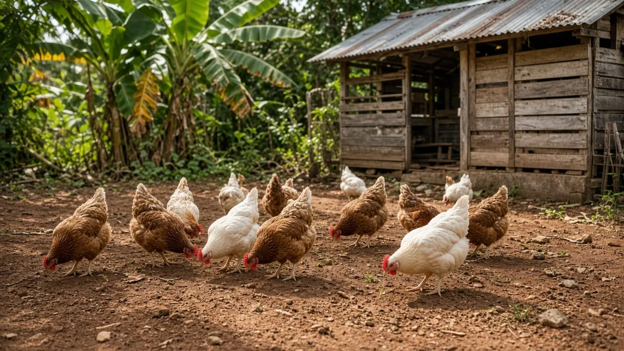 Hens pecking in a dirt yard beside a wooden coop.