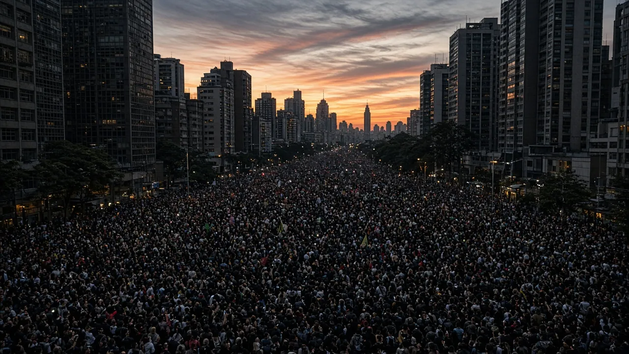 Crowds fill a São Paulo avenue at dusk after the runoff.