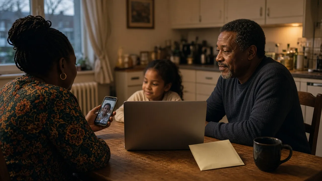 A Caribbean diaspora family video-calls relatives from their kitchen table.