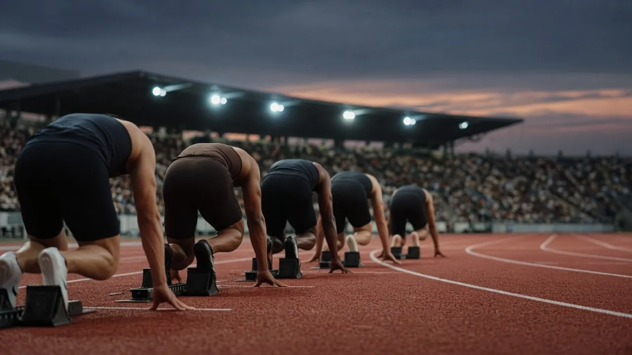 Sprinters crouched in the starting blocks on a floodlit track.