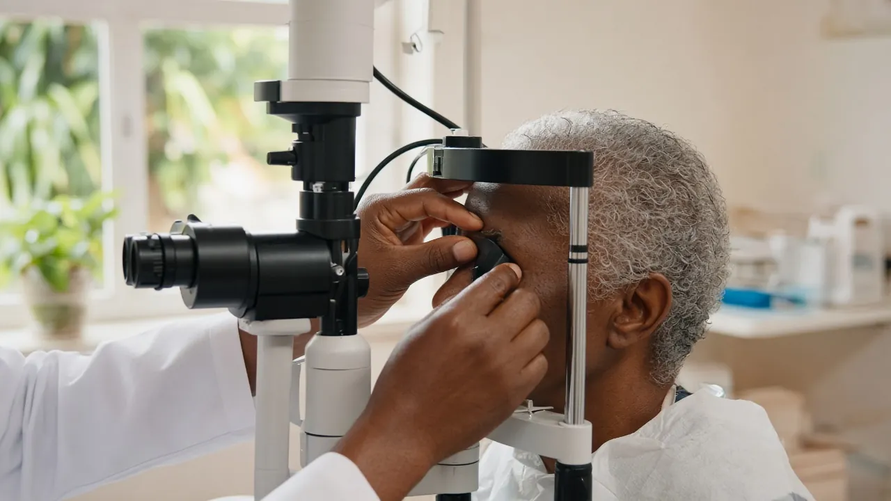 A doctor examines an older patient's eye in a clinic.