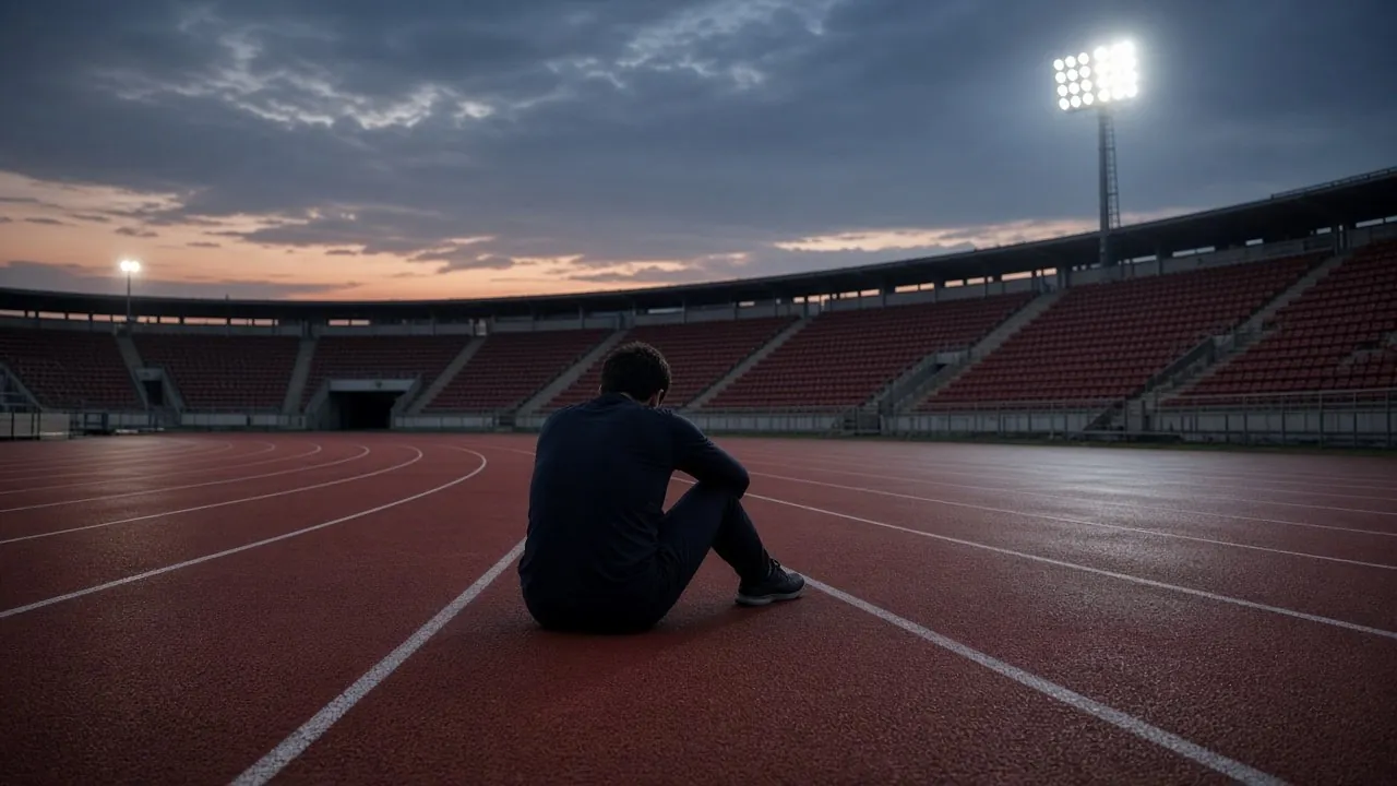An athlete sitting alone on an empty running track at dusk.