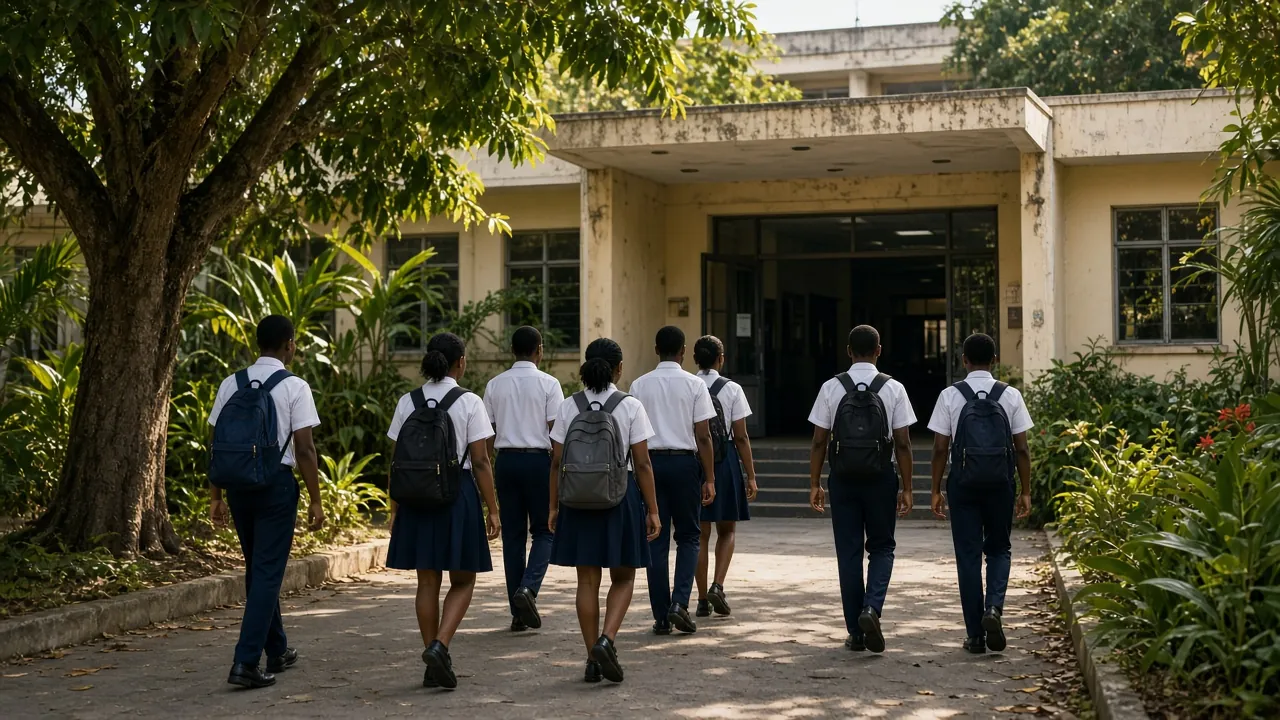 Students walk into a technical high school in Jamaica.