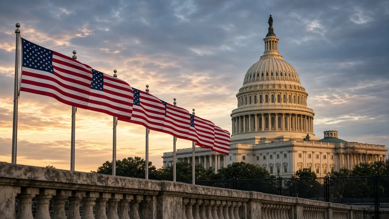 The United States Capitol at dusk, with a row of American flags flying along a stone balustrade.