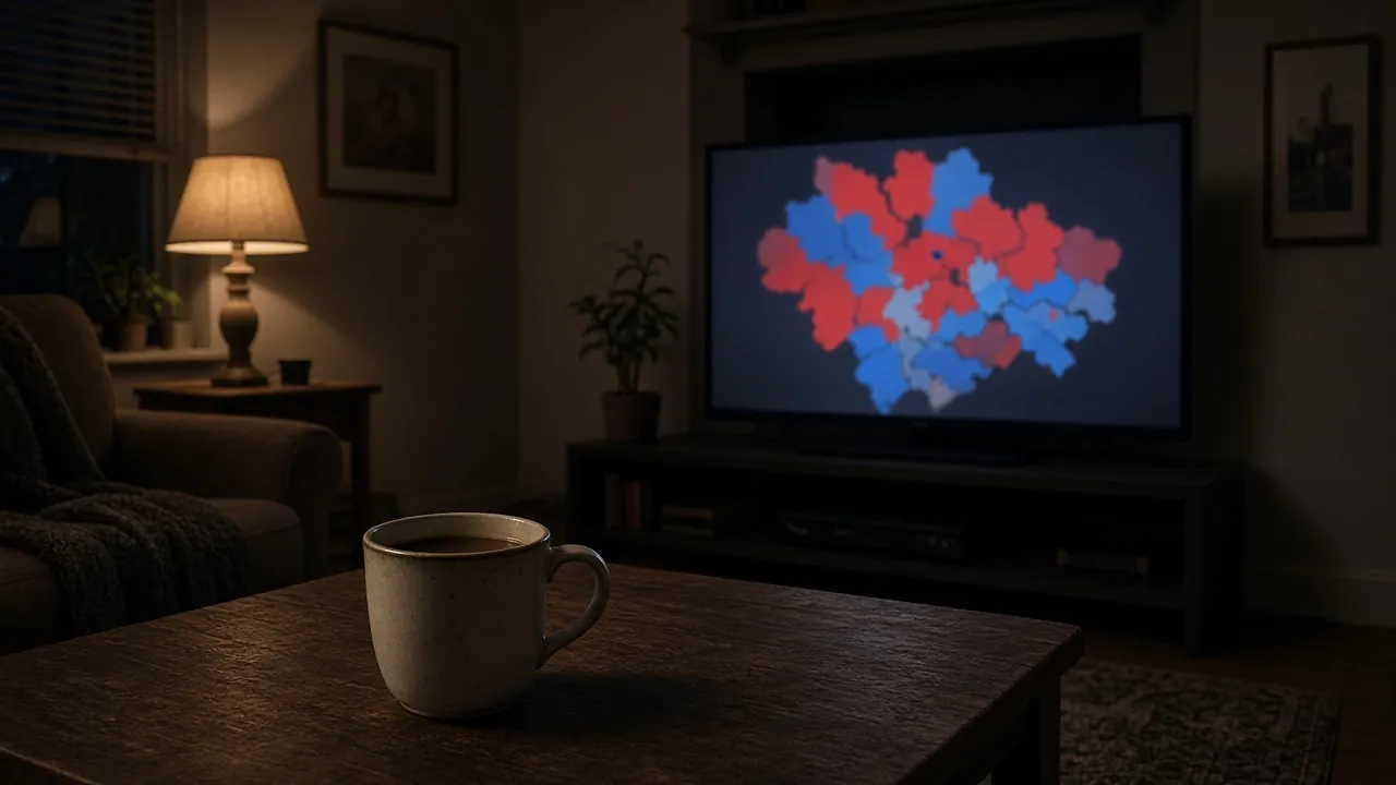 A cup of coffee in front of a TV showing election-night results.