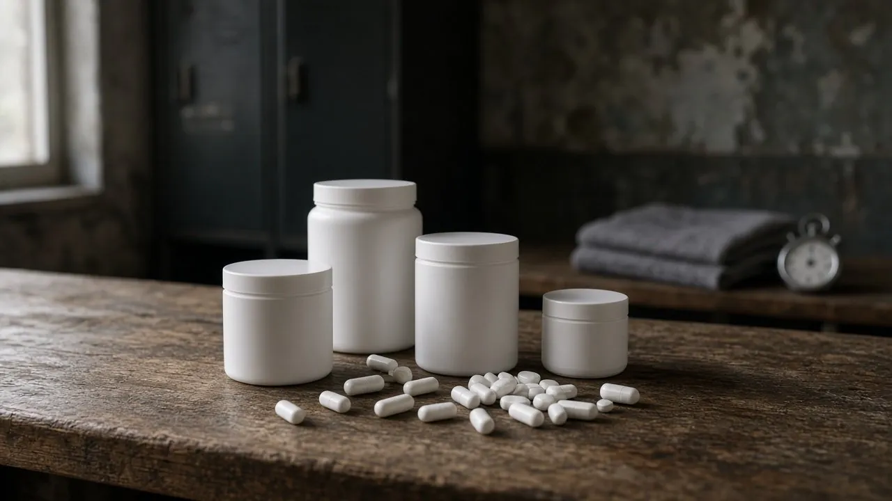 White supplement tubs and capsules on a wooden bench.