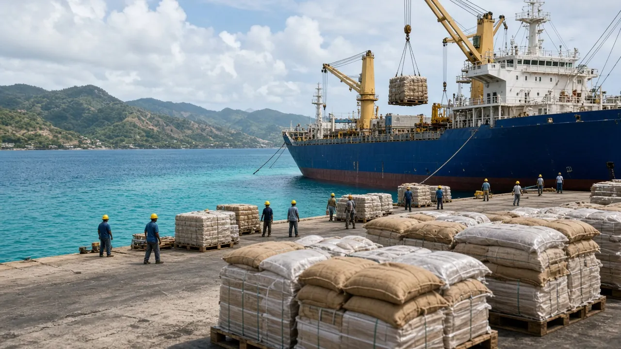 Sacks of grain and food aid unloaded at a Caribbean port.