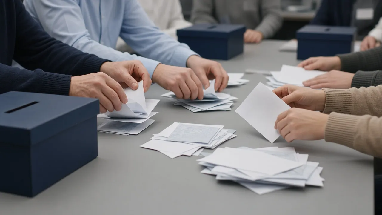 Election officials count paper ballots beside ballot boxes.