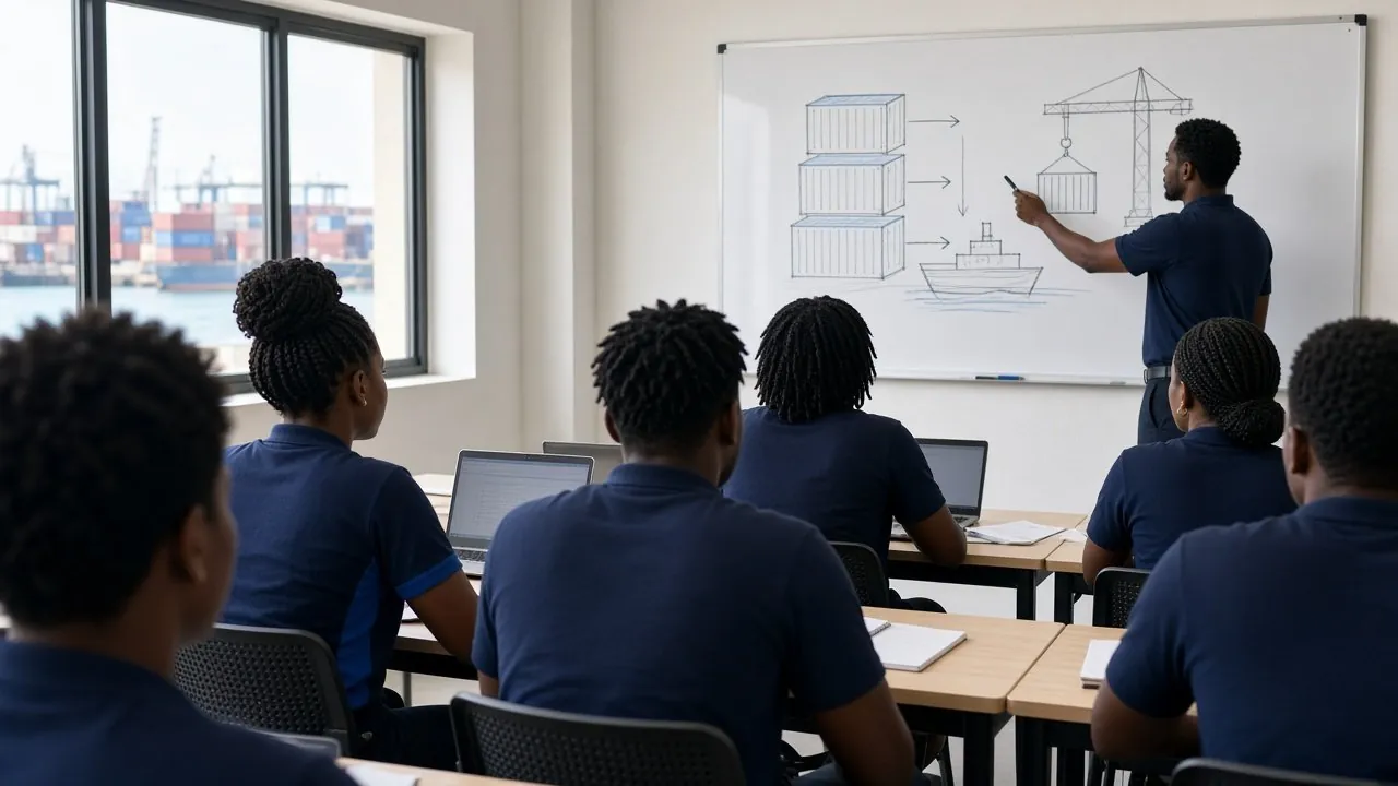 Young people in a classroom watching a lesson on shipping and logistics.