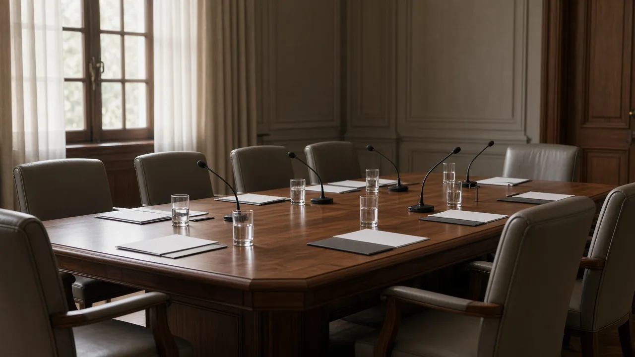 An empty negotiating table set for coalition talks.