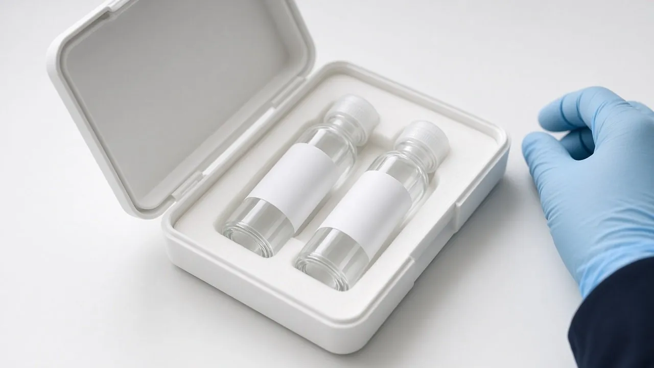 Two sample vials in an open testing kit beside a gloved hand.